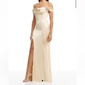NEW Dress The Population Melania Off the Shoulder Gown Maxi Dress Champagne XS